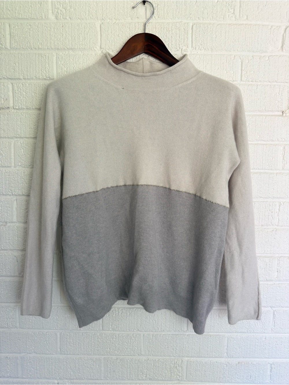 Two-Tone Cowl Neck Sweater - Light Gray & Medium Gray